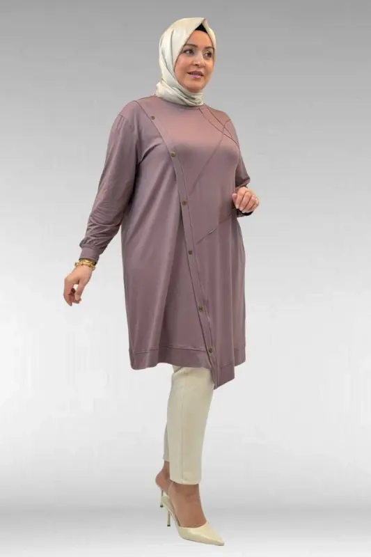 68006 Büyük Beden Pat Üzeri Düğme Detaylı Penye Tunik - Vizon - 2