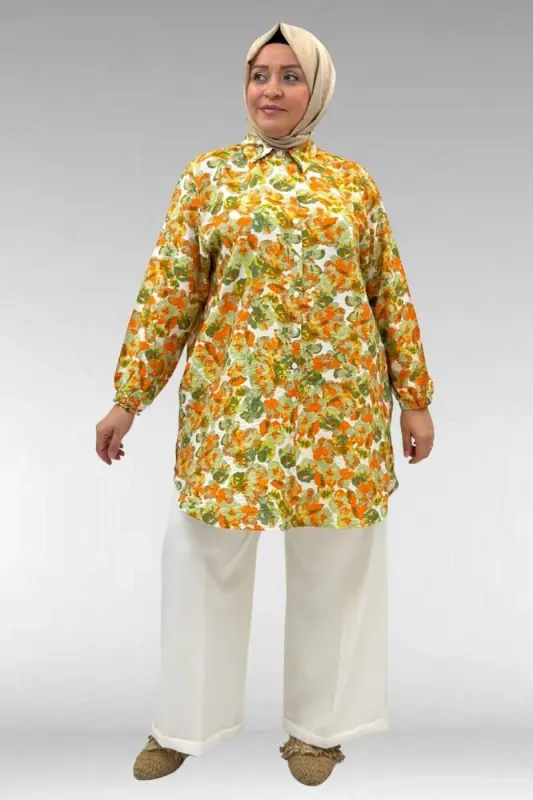 68010 Büyük Beden Yanları Yırtmaçlı Kolları Lastikli Mango Tunik - Çiçek Desen Yeşil - 2
