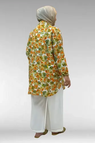 68010 Büyük Beden Yanları Yırtmaçlı Kolları Lastikli Mango Tunik - Çiçek Desen Yeşil - 3