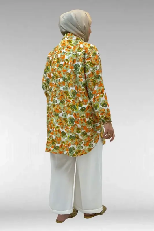 68010 Büyük Beden Yanları Yırtmaçlı Kolları Lastikli Mango Tunik - Çiçek Desen Yeşil - 3