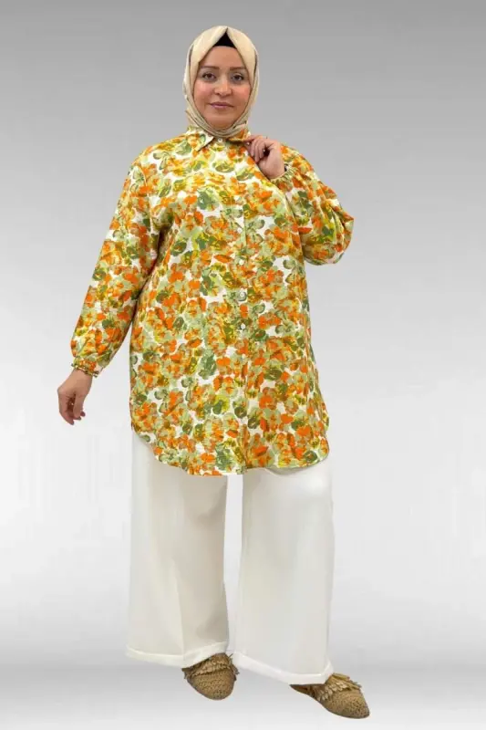 68010 Büyük Beden Yanları Yırtmaçlı Kolları Lastikli Mango Tunik - Çiçek Desen Yeşil - BÜYÜKBEDENIZ