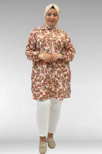 68010 Büyük Beden Yanları Yırtmaçlı Kolları Lastikli Mango Tunik - Çiçek Desenli Kahve - 1