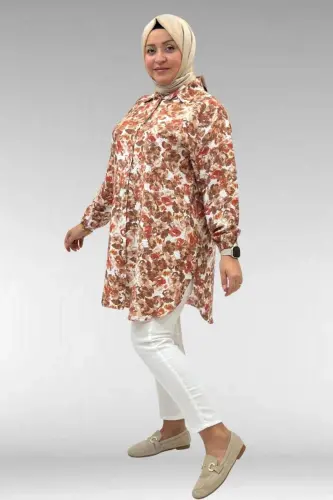 68010 Büyük Beden Yanları Yırtmaçlı Kolları Lastikli Mango Tunik - Çiçek Desenli Kahve - 2