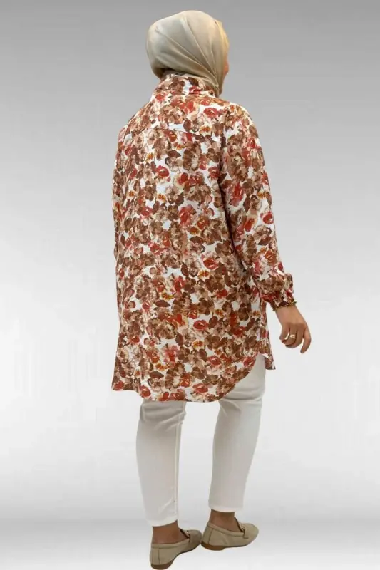 68010 Büyük Beden Yanları Yırtmaçlı Kolları Lastikli Mango Tunik - Çiçek Desenli Kahve - 3
