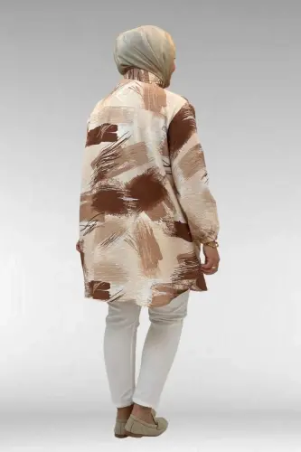 68010 Büyük Beden Yanları Yırtmaçlı Kolları Lastikli Mango Tunik - Desenli Çikolata Kahve - 3