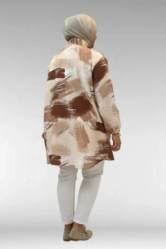 68010 Büyük Beden Yanları Yırtmaçlı Kolları Lastikli Mango Tunik - Desenli Çikolata Kahve - 3