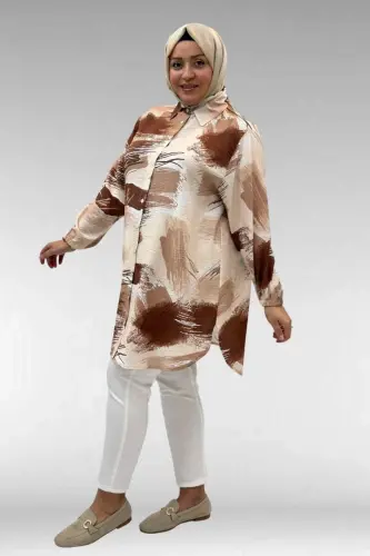 68010 Büyük Beden Yanları Yırtmaçlı Kolları Lastikli Mango Tunik - Desenli Çikolata Kahve - BÜYÜKBEDENIZ (1)