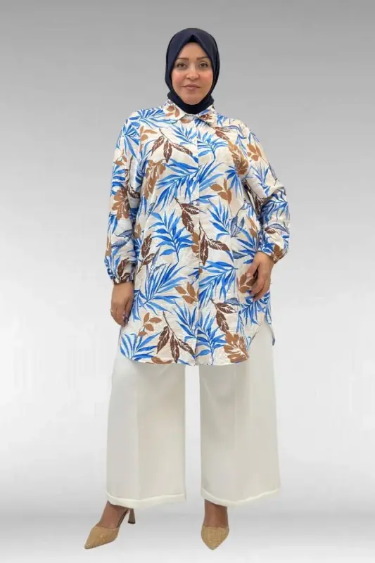 68010 Büyük Beden Yanları Yırtmaçlı Kolları Lastikli Mango Tunik - Desenli Haki - BÜYÜKBEDENIZ