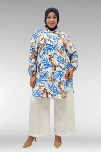 68010 Büyük Beden Yanları Yırtmaçlı Kolları Lastikli Mango Tunik - Desenli Haki - 1