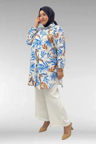 68010 Büyük Beden Yanları Yırtmaçlı Kolları Lastikli Mango Tunik - Desenli Haki - 2