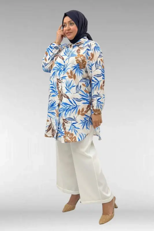 68010 Büyük Beden Yanları Yırtmaçlı Kolları Lastikli Mango Tunik - Desenli Haki - 2