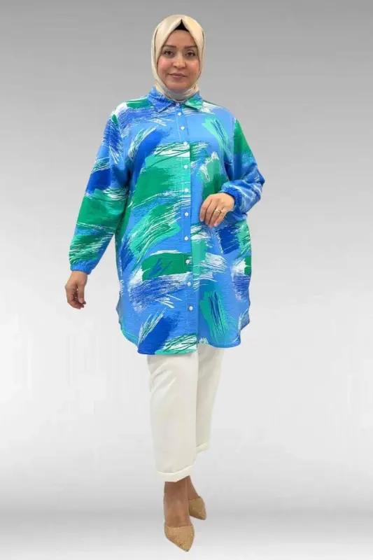 68010 Büyük Beden Yanları Yırtmaçlı Kolları Lastikli Mango Tunik - Desenli Mavi - BÜYÜKBEDENIZ