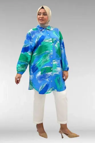 68010 Büyük Beden Yanları Yırtmaçlı Kolları Lastikli Mango Tunik - Desenli Mavi - BÜYÜKBEDENIZ (1)