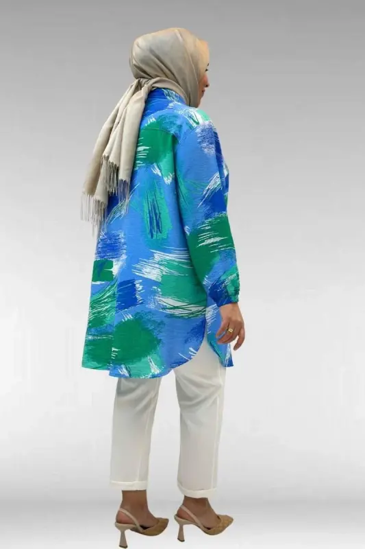 68010 Büyük Beden Yanları Yırtmaçlı Kolları Lastikli Mango Tunik - Desenli Mavi - 3