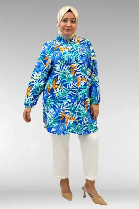 68010 Büyük Beden Yanları Yırtmaçlı Kolları Lastikli Mango Tunik - Desenli Saks - BÜYÜKBEDENIZ