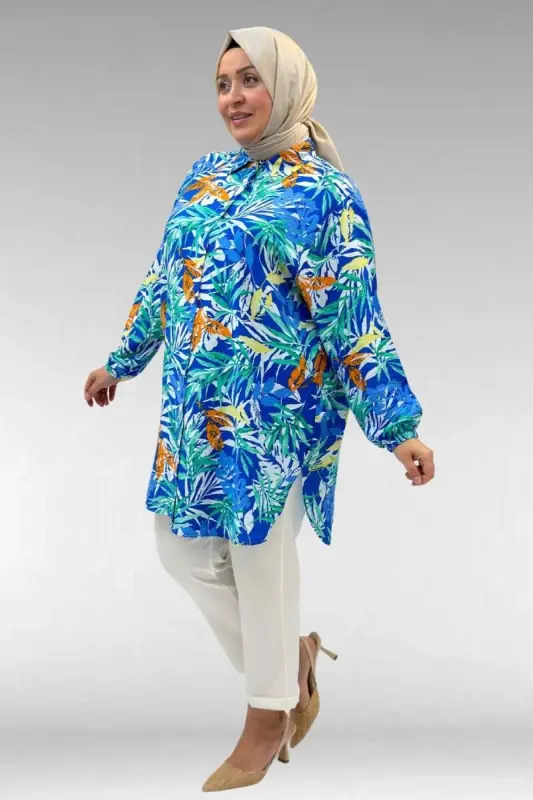 68010 Büyük Beden Yanları Yırtmaçlı Kolları Lastikli Mango Tunik - Desenli Saks - 2