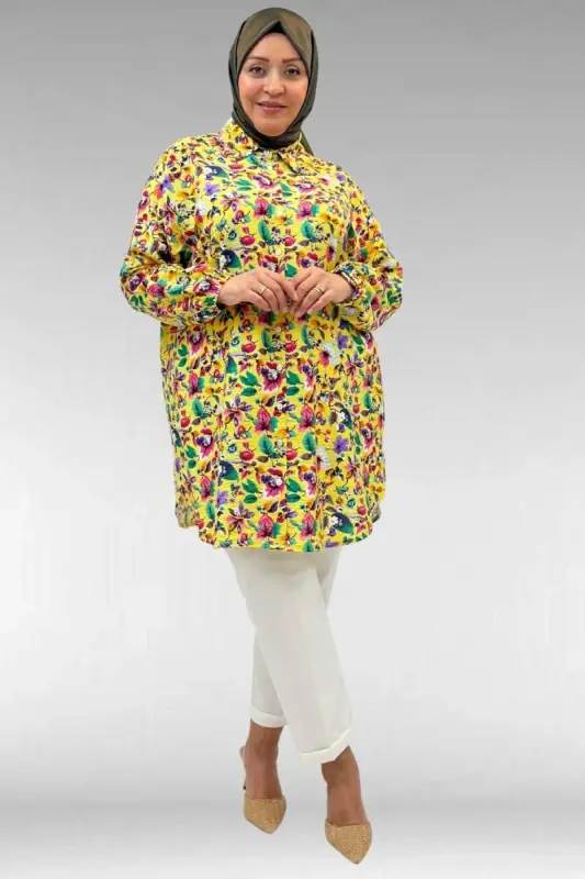 68010 Büyük Beden Yanları Yırtmaçlı Kolları Lastikli Mango Tunik - Desenli Sarı - BÜYÜKBEDENIZ