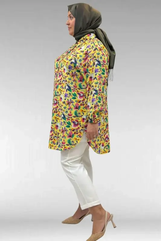 68010 Büyük Beden Yanları Yırtmaçlı Kolları Lastikli Mango Tunik - Desenli Sarı - 2