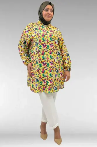 68010 Büyük Beden Yanları Yırtmaçlı Kolları Lastikli Mango Tunik - Desenli Sarı - 3