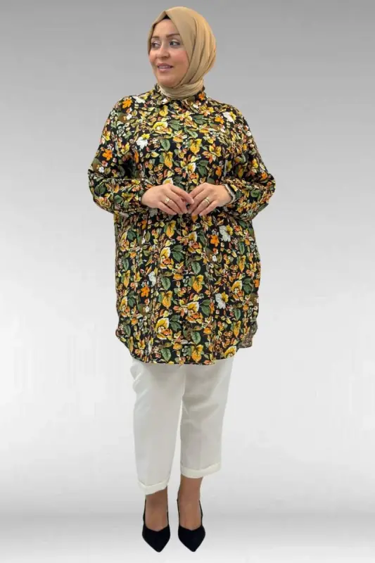 68010 Büyük Beden Yanları Yırtmaçlı Kolları Lastikli Mango Tunik - Desenli Siyah - 2