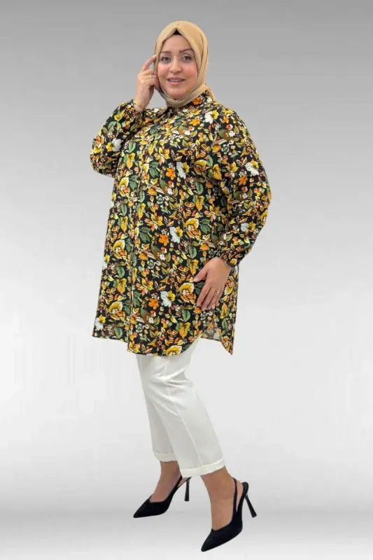 68010 Büyük Beden Yanları Yırtmaçlı Kolları Lastikli Mango Tunik - Desenli Siyah - BÜYÜKBEDENIZ