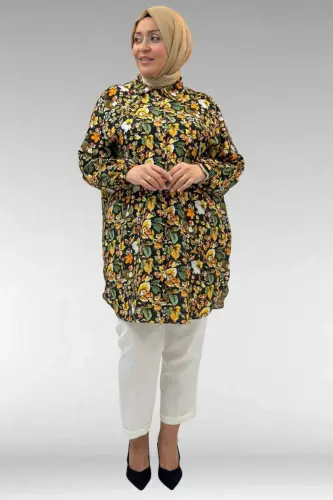 68010 Büyük Beden Yanları Yırtmaçlı Kolları Lastikli Mango Tunik - Desenli Siyah - BÜYÜKBEDENIZ (1)