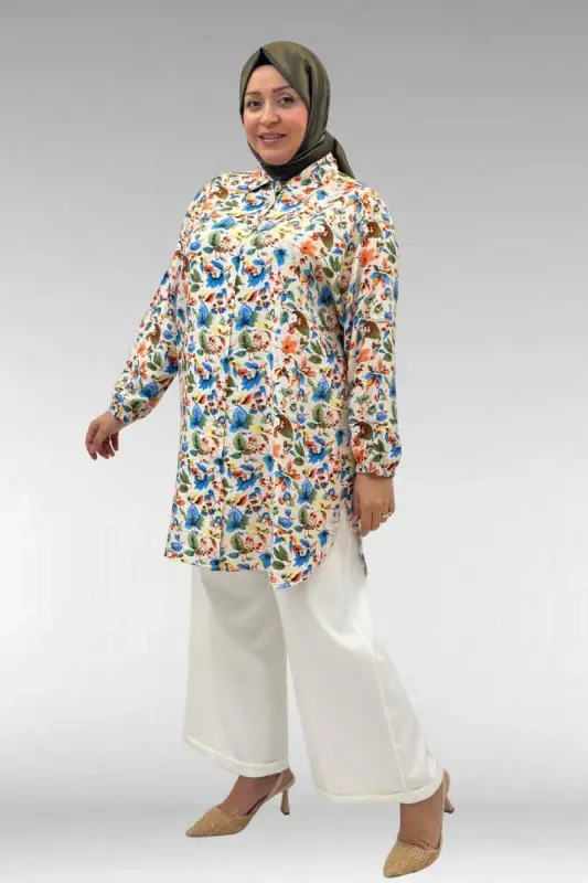 68010 Büyük Beden Yanları Yırtmaçlı Kolları Lastikli Mango Tunik - Desenli Taş - BÜYÜKBEDENIZ