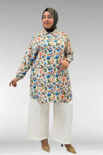 68010 Büyük Beden Yanları Yırtmaçlı Kolları Lastikli Mango Tunik - Desenli Taş - BÜYÜKBEDENIZ (1)