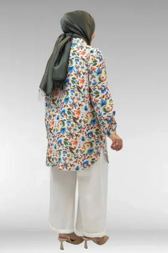 68010 Büyük Beden Yanları Yırtmaçlı Kolları Lastikli Mango Tunik - Desenli Taş - 3