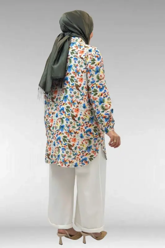 68010 Büyük Beden Yanları Yırtmaçlı Kolları Lastikli Mango Tunik - Desenli Taş - 3