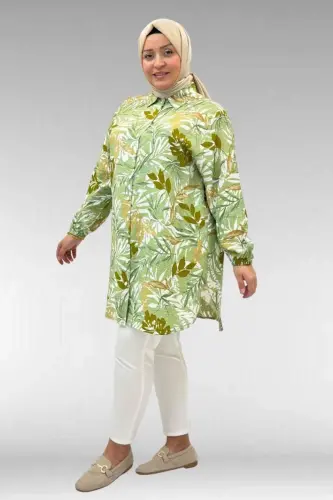 68010 Büyük Beden Yanları Yırtmaçlı Kolları Lastikli Mango Tunik - Yaprak Desen Vizon - 1