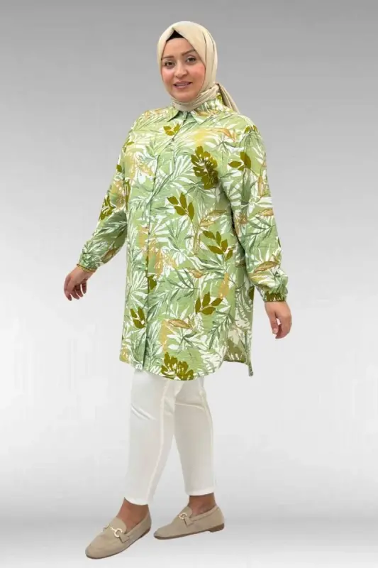68010 Büyük Beden Yanları Yırtmaçlı Kolları Lastikli Mango Tunik - Yaprak Desen Vizon - BÜYÜKBEDENIZ