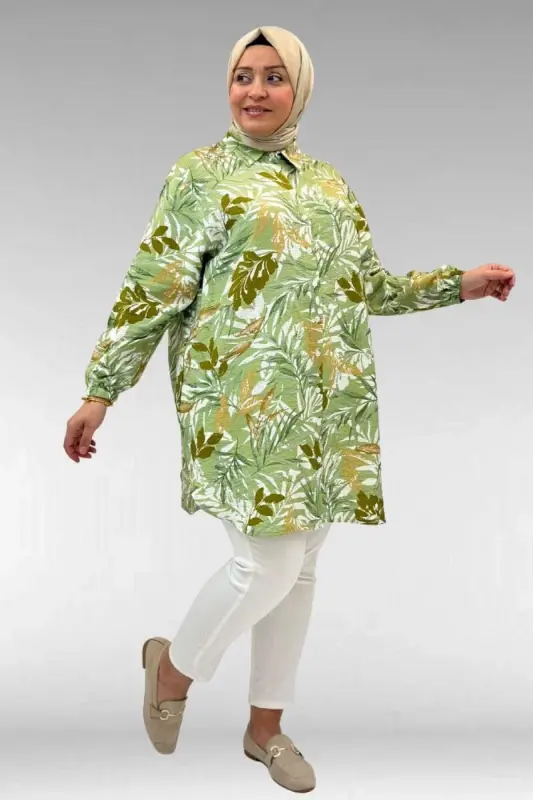 68010 Büyük Beden Yanları Yırtmaçlı Kolları Lastikli Mango Tunik - Yaprak Desen Vizon - 2