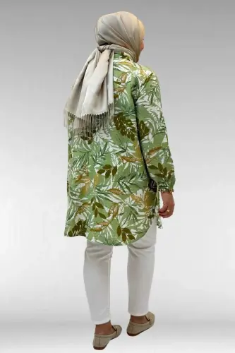 68010 Büyük Beden Yanları Yırtmaçlı Kolları Lastikli Mango Tunik - Yaprak Desen Vizon - 3