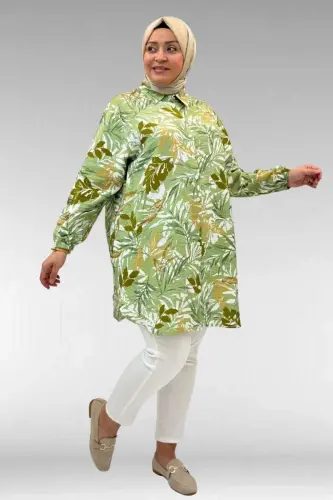 68010 Büyük Beden Yanları Yırtmaçlı Kolları Lastikli Mango Tunik - Yaprak Desen Vizon - BÜYÜKBEDENIZ (1)