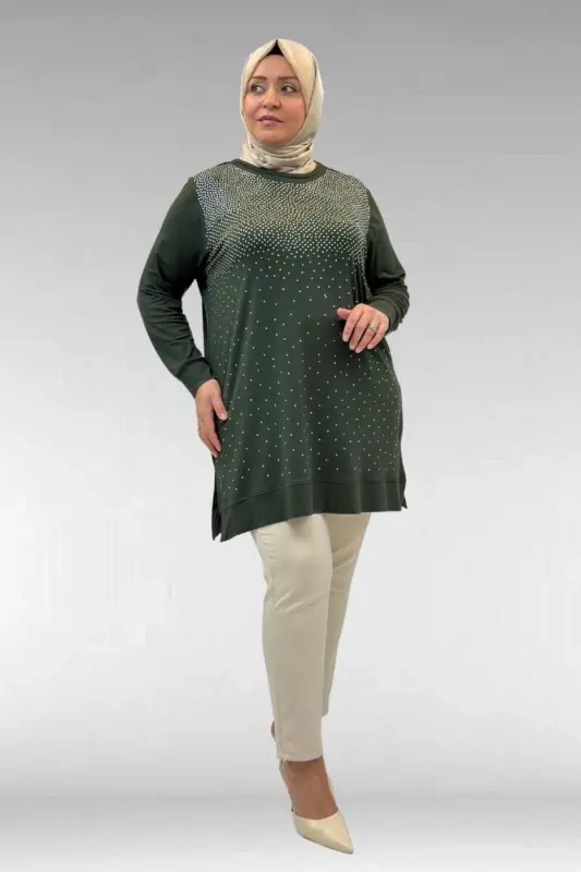 68011 Büyük Beden Önü Taş Detaylı Penye Tunik - Haki - 2