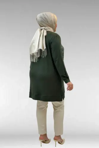 68011 Büyük Beden Önü Taş Detaylı Penye Tunik - Haki - 3