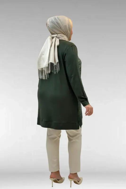 68011 Büyük Beden Önü Taş Detaylı Penye Tunik - Haki - 3
