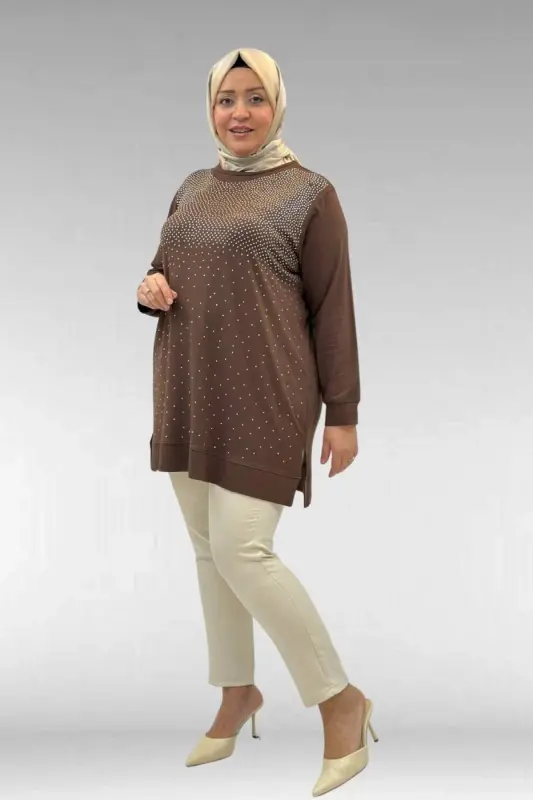 68011 Büyük Beden Önü Taş Detaylı Penye Tunik - Kahve - BÜYÜKBEDENIZ