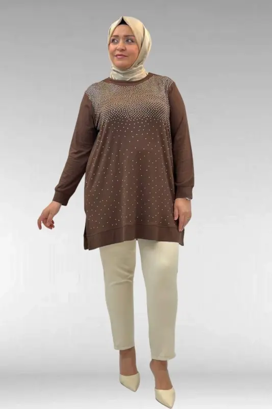 68011 Büyük Beden Önü Taş Detaylı Penye Tunik - Kahve - 2