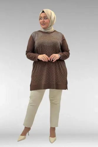 68011 Büyük Beden Önü Taş Detaylı Penye Tunik - Kahve - 3