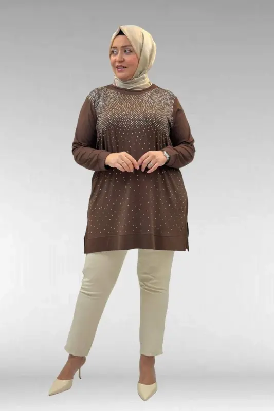 68011 Büyük Beden Önü Taş Detaylı Penye Tunik - Kahve - 3