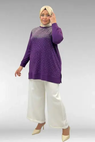 68011 Büyük Beden Önü Taş Detaylı Penye Tunik - Mor - 1