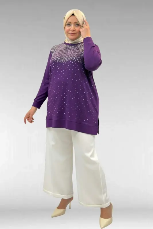 68011 Büyük Beden Önü Taş Detaylı Penye Tunik - Mor - 1