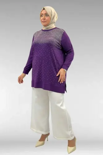 68011 Büyük Beden Önü Taş Detaylı Penye Tunik - Mor - BÜYÜKBEDENIZ (1)