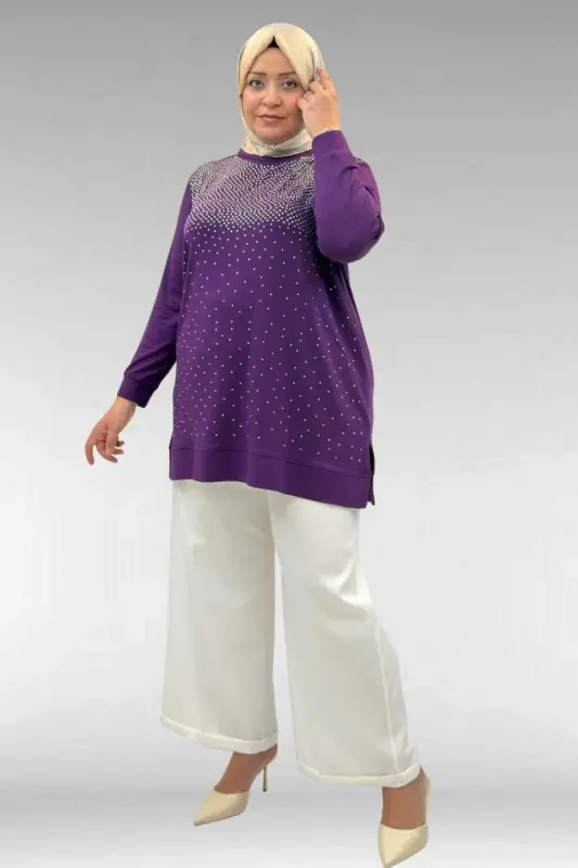 68011 Büyük Beden Önü Taş Detaylı Penye Tunik - Mor - 3
