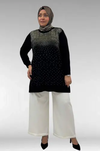 68011 Büyük Beden Önü Taş Detaylı Penye Tunik - Siyah - BÜYÜKBEDENIZ (1)