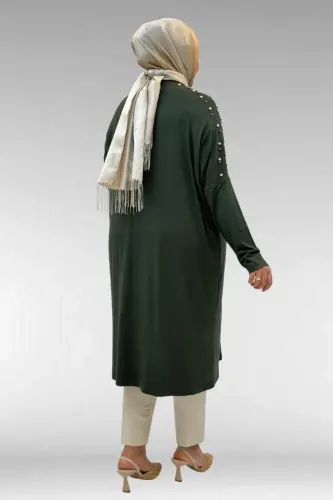 68012 Büyük Beden Omuzları Taş Detaylı Penye Tunik - Haki - 3