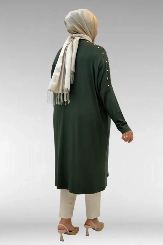 68012 Büyük Beden Omuzları Taş Detaylı Penye Tunik - Haki - 3