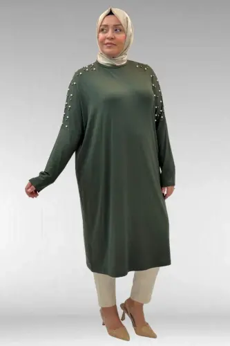 68012 Büyük Beden Omuzları Taş Detaylı Penye Tunik - Haki - BÜYÜKBEDENIZ (1)